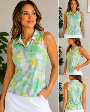 DKNY Golf Women’s Large Sleeveless Polo Top Green Yellow Gray Abstract Print